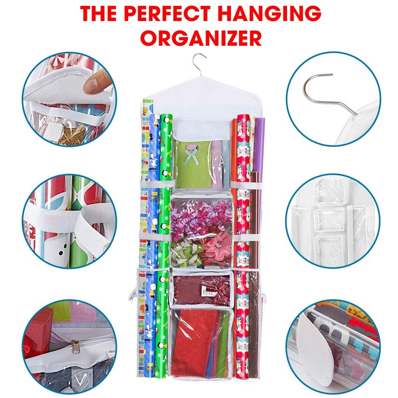 Primode Wrapping Paper Storage Hanging Over the Door Gift Wrap Organizer Double Sided Front and Back Pockets Store Gift Wrap Gift Bags Ribbon Bows Accessories 40â€x17â€ Fits Long 40 Inch Rolls (White) - Image 3